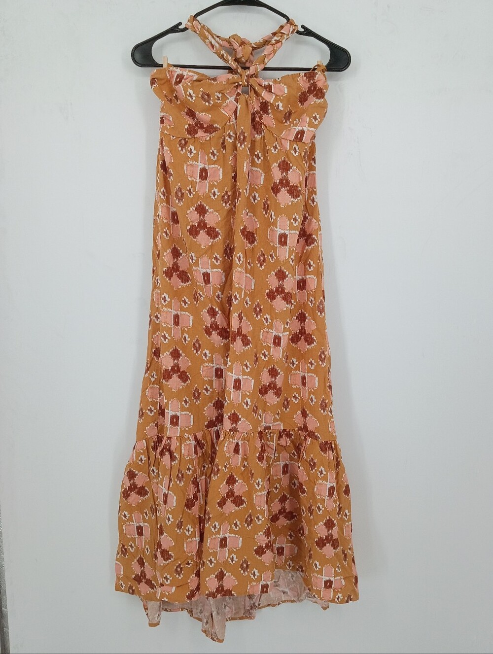 aerie Linen Blend Braided Halter Maxi Sundress Mustard And Brown & Coral Size M